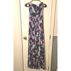 Womens Sz Med Japna Tropical Maxi Dress Navy Resort Wear Cruise Vacation Comfort